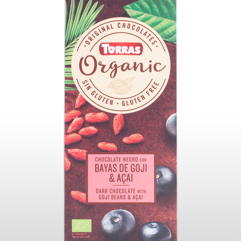  Ciocolată organică neagră cu fructe goji și acai, fără gluten